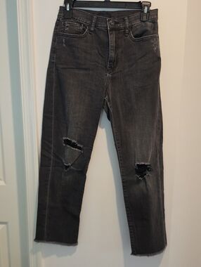 Uniqlo High-Rise Distressed Straight Leg Jeans - 25in Charcoal Gray